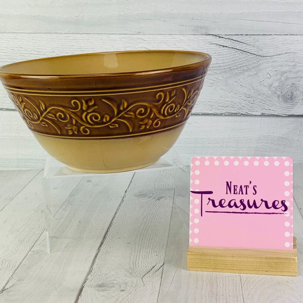 Gibson Design VILLA ADRIANA TAN Stoneware Embossed Scrolls Brown Serving Bowl